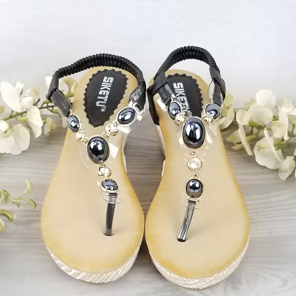 NEW!!! Siketu Wedge T-Strap Sandals w/ Gem Accents
